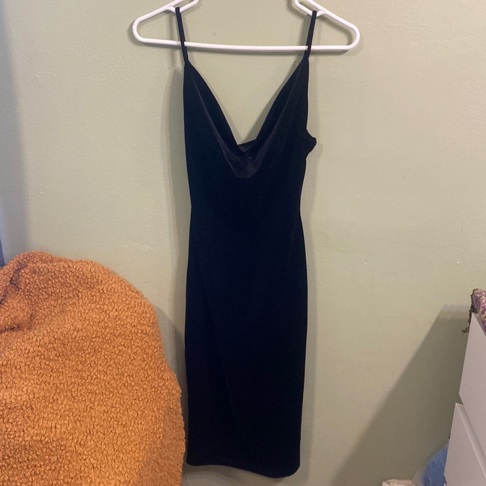 Black velvet cowl neck dress